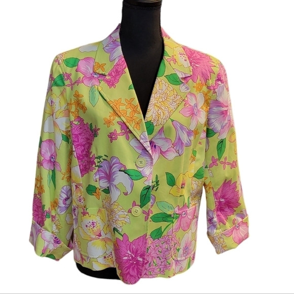 Rafaella Cropped Jacket Neon Floral Cotton/Spandex Blend Size 16 - Picture 1 of 6